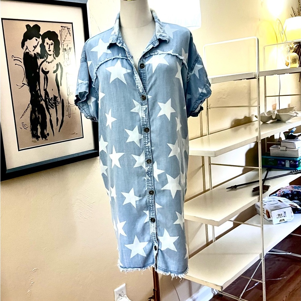 Star-Print Chambray Shirt Dress - Blue - Picture 12 of 16
